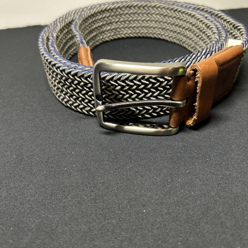 Mens Silver Buckle Braided Stretch Belt Faux Leather size L/XL B3 Navy/beige